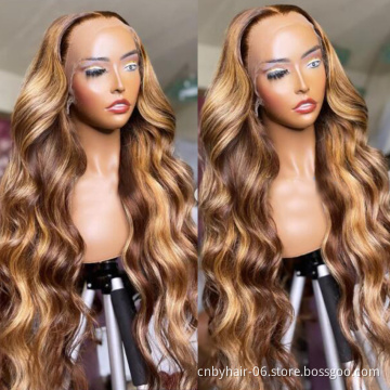 Ombre Highlight Lace Front Human Hair Wig Brown Blonde Mixed Color, Brazilian Remy Straight Hair 13X4 Lace Frontal Wig